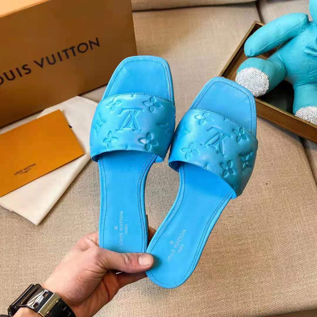 Replica Louis Vuitton Revival Flat Mules In Blue Monogram Lambskin for Sale