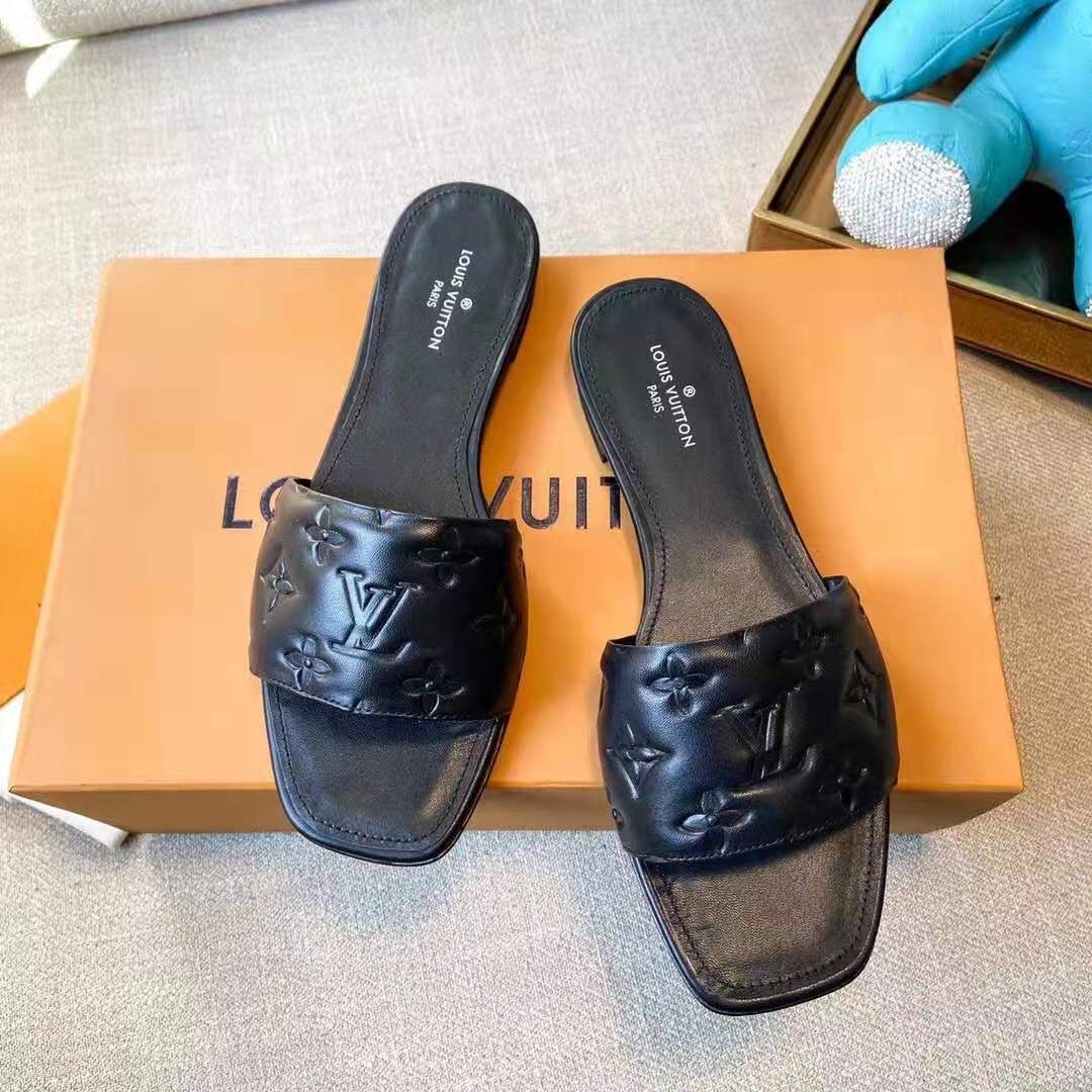 Louis Vuitton Black Monogram Leather Revival Flat Mule Sandals Size 8.5/39  - Yoogi's Closet