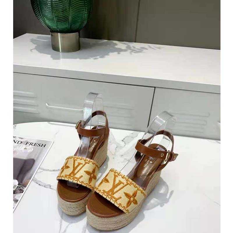 Louis Vuitton Women Boundary Wedge Sandal Raffia and Tan Calf Leather -  LULUX