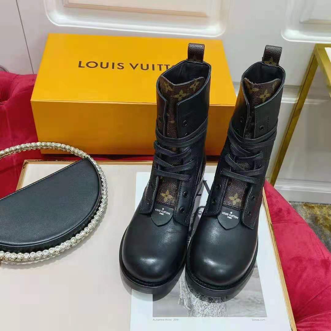 LOUIS VUITTON Size 6.5 Black Patches Leather Metropolis Ranger Boots 