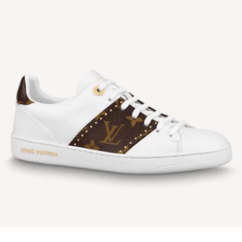 LOUIS VUITTON Front Row brown LV monogram gold stud white leather sneaker  EU36