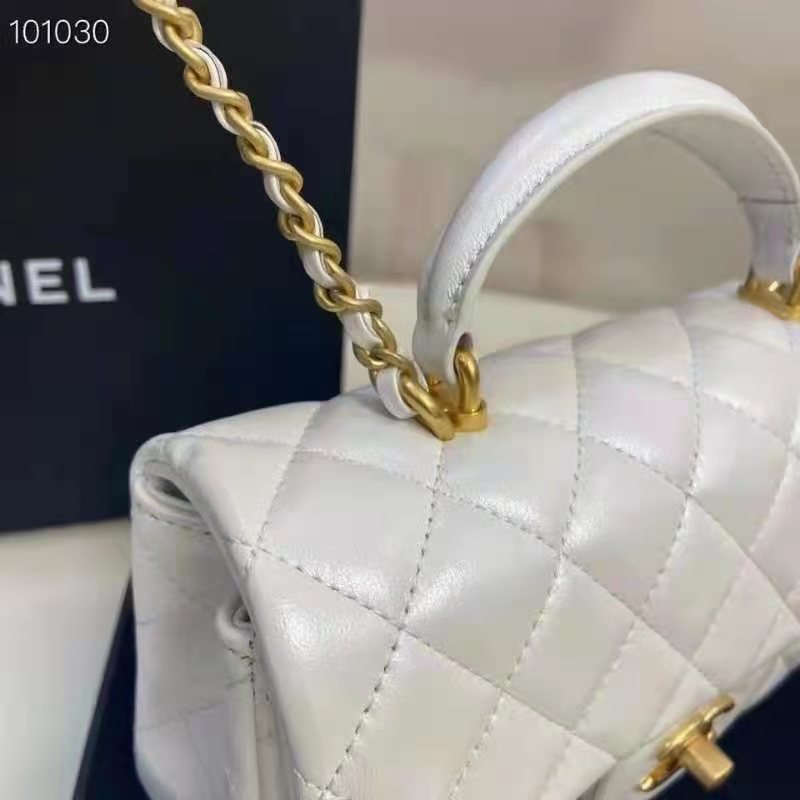 Bag with top handle, Calfskin & gold-tone metal, white — Fashion