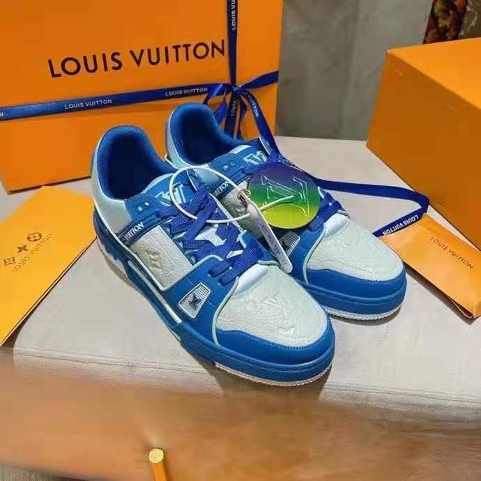 Lv trainer leather low trainers Louis Vuitton Blue size 8 US in Leather -  33980539