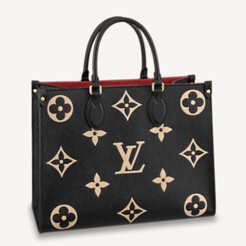 Louis Vuitton LV Women OnTheGo MM Black Beige Embossed Grained Cowhide ...