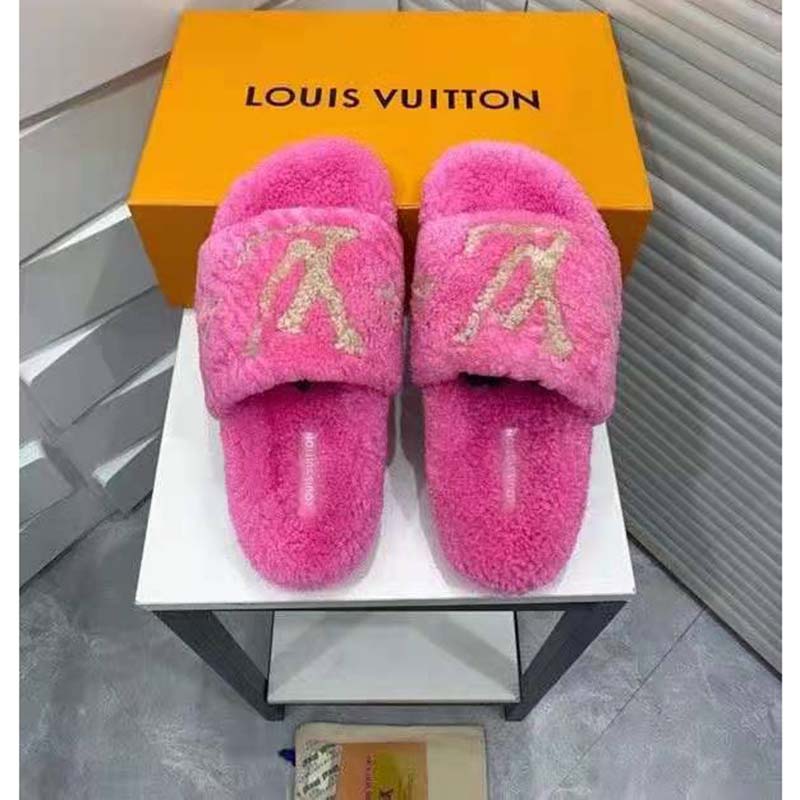 LOUIS VUITTON, Paseo flat comfort mule, beige sheepskin/shearling, decor  with classic LV logo and flowers in neon pink. Vintage clothing &  Accessories - Auctionet