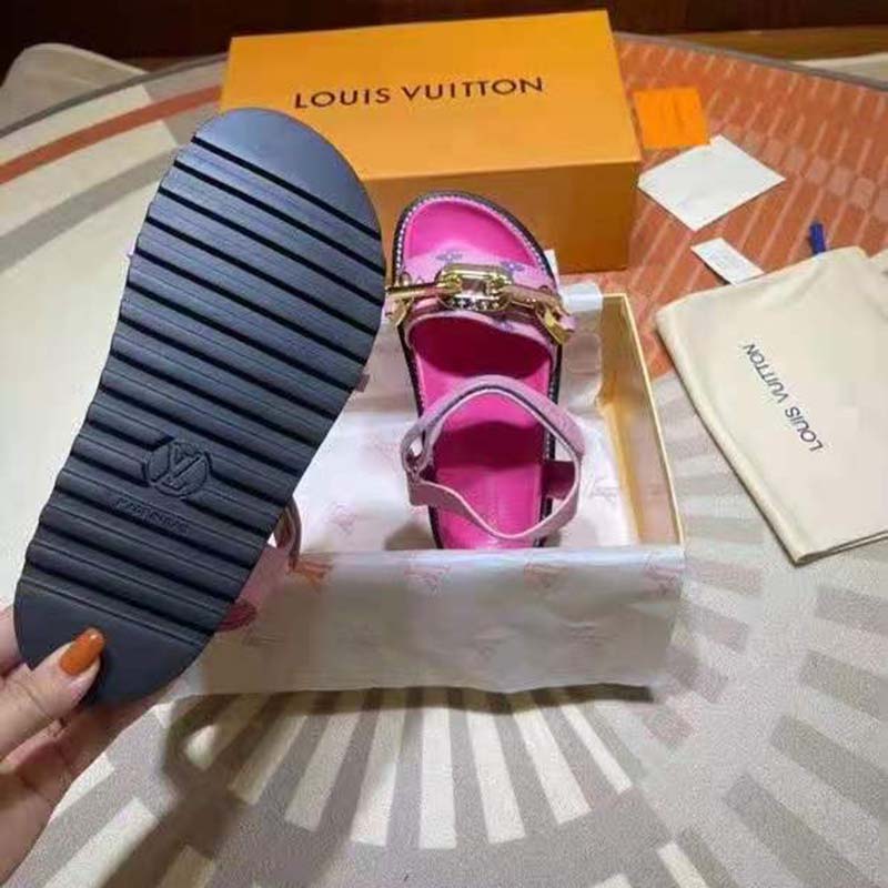 Louis Vuitton 38 Paseo Line Monogram Leather Flat Sandals Pink Gold For  Ladies