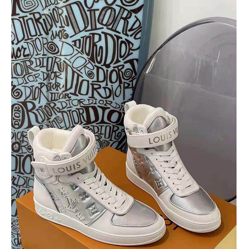 Replica Louis Vuitton Boombox Sneaker Boots In Silver Metallic Leather in  2023