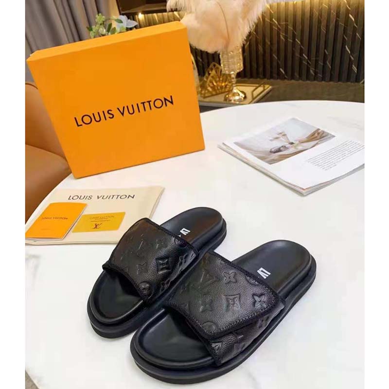 Louis Vuitton x NBA LV Monogram Leather Slides - Black Sandals