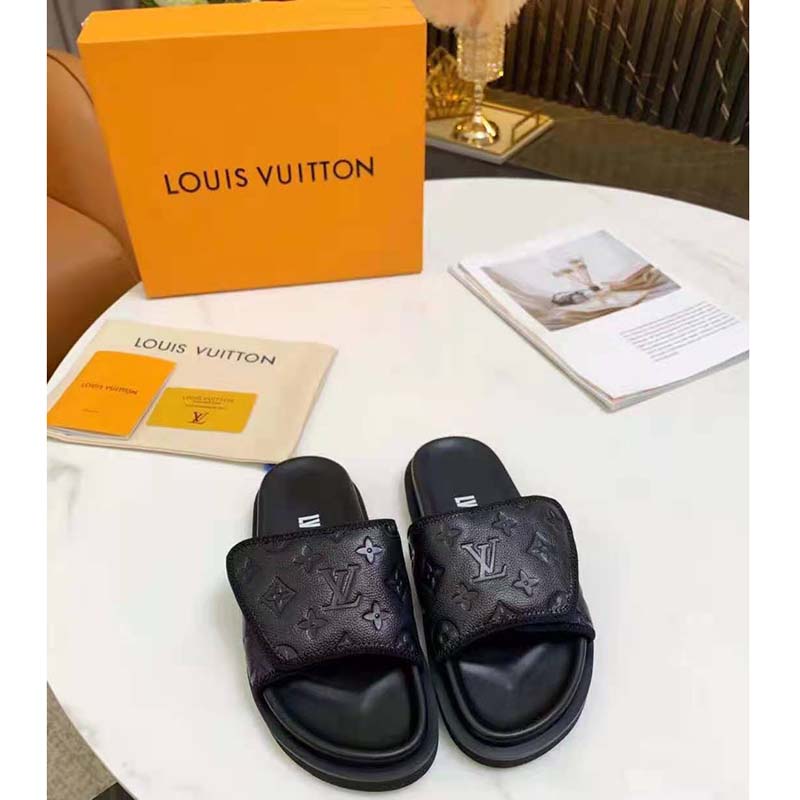 Louis Vuitton x NBA LV Monogram Leather Slides - Black Sandals