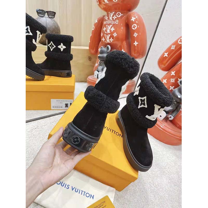 Louis Vuitton LV Women Snowdrop Flat Ankle Boot Cognac Black Suede Calf  Shearling - LULUX