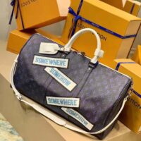 Louis Vuitton LV Unisex Keepall Bandoulière 50 Travel Bag Blue Monogram Canvas (9)