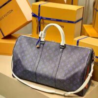 Louis Vuitton LV Unisex Keepall Bandoulière 50 Travel Bag Blue Monogram Canvas (9)