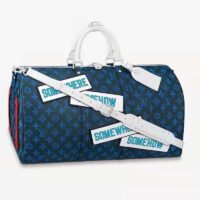 Louis Vuitton LV Unisex Keepall Bandoulière 50 Travel Bag Blue Monogram Canvas (9)