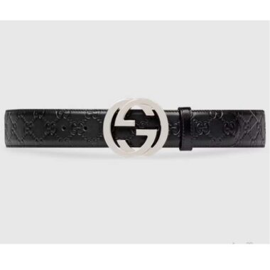 Gucci Unisex GG Signature Leather Belt Interlocking G Buckle Silver Hardware 4 cm Width