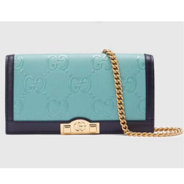 Gucci Women GG Wallet Chain Light Blue GG Leather Dark Blue Double G