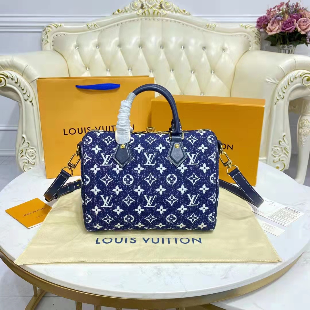 Louis Vuitton Speedy Bandoulière 25 Handbag Denim Jacquard Textile Gol –  EliteLaza