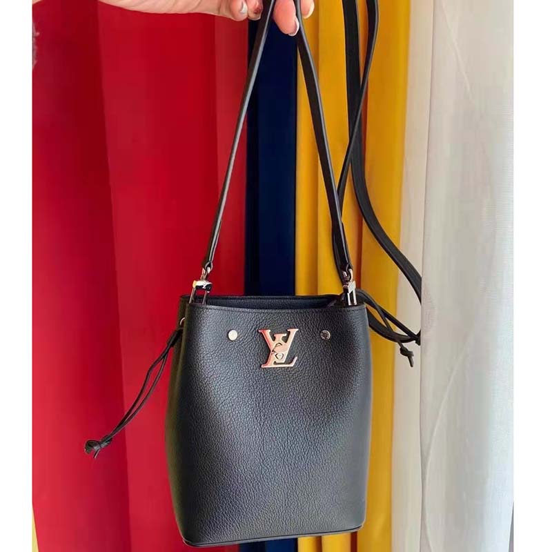 Louis Vuitton LV Women Nano Lockme Bucket Bag Black Grained Calf