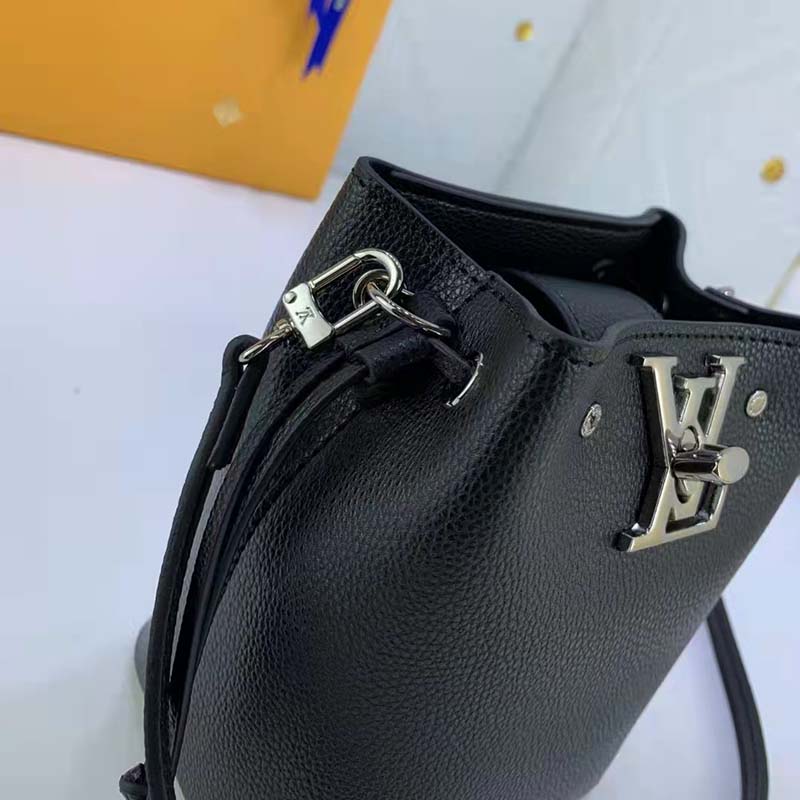 Louis Vuitton LV Women Nano Lockme Bucket Bag Black Grained Calf Leather -  LULUX