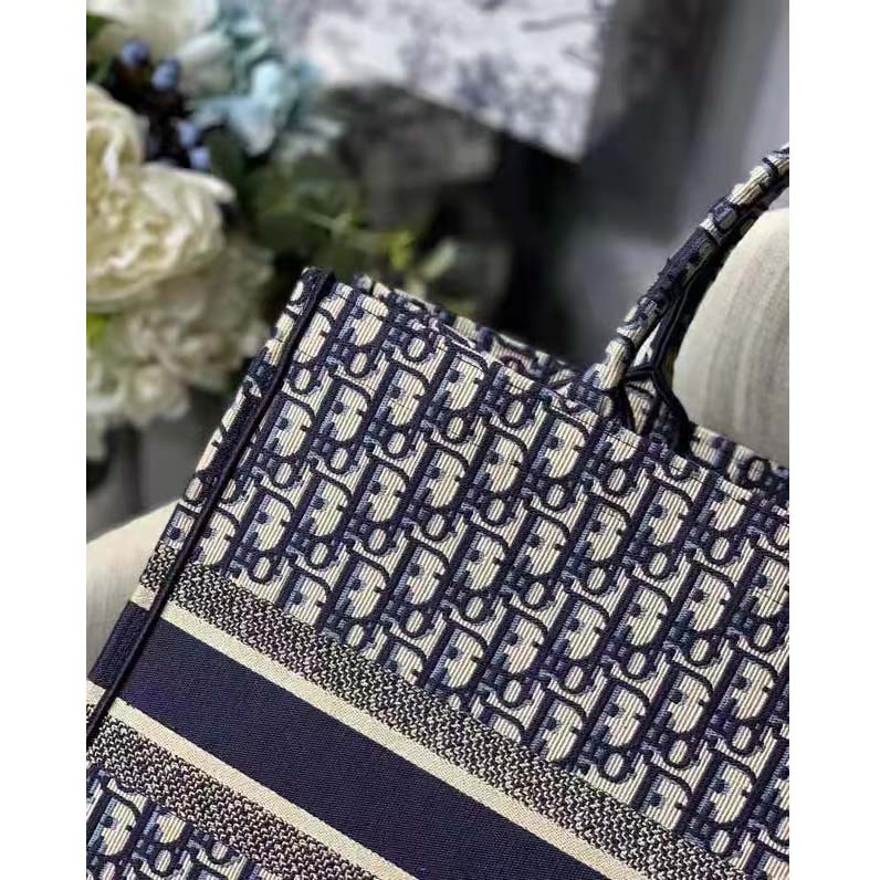 Large Dior Book Tote Ecru and Blue Dior Oblique Embroidery (42 x