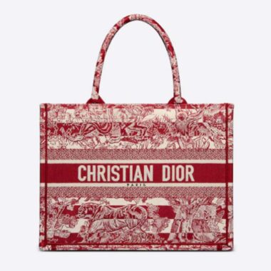 Dior Unisex Medium Book Tote Burgundy Toile De Jouy Stripes Embroidery