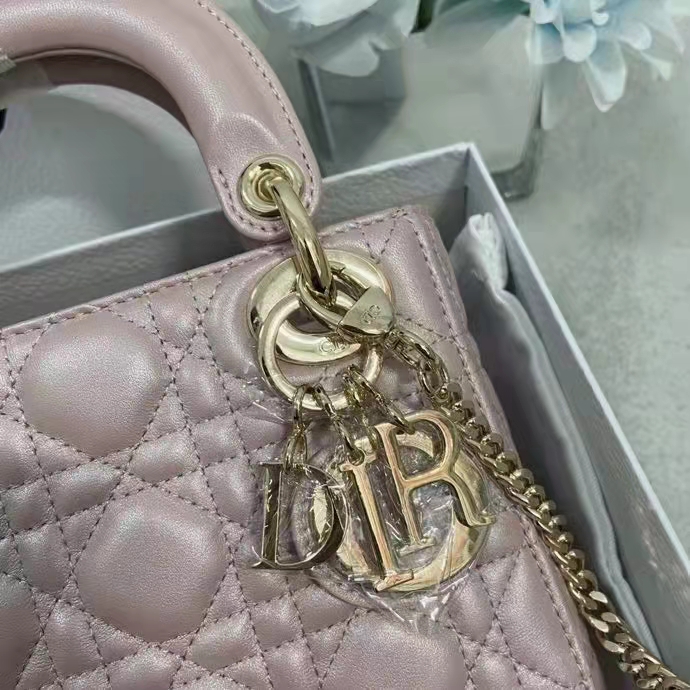 NEW LADY DIOR Lotus Pale Lilac Pink Pearlescent Cannage Lambskin Mini Bag  Gold