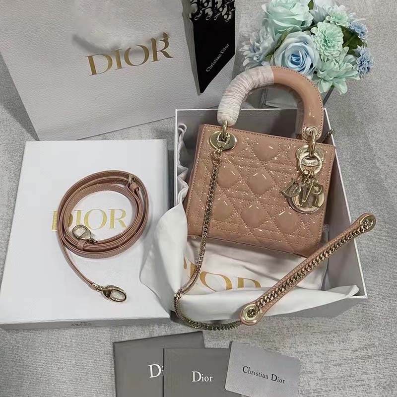 Dior - Small Lady Dior Bag Rose des Vents Patent Cannage Calfskin - Women