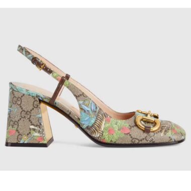 Gucci Unisex GG Tiger Mid-Heel Slingback Tiger Flower Beige Ebony Supreme Canvas