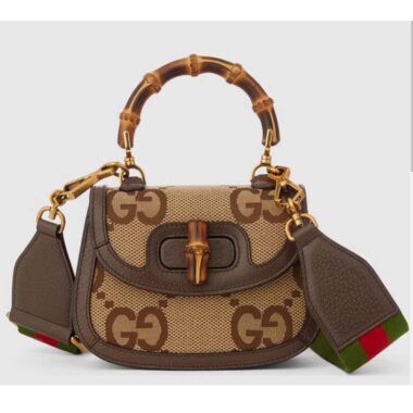 Gucci Women Bamboo 1947 Jumbo GG Mini Bag Brown Camel Ebony Canvas