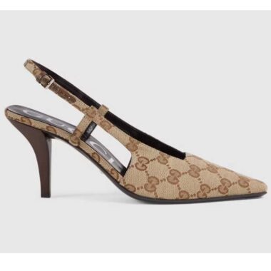 Gucci Women GG Slingback Pump Beige Ebony Original GG Canvas 8 cm Heel