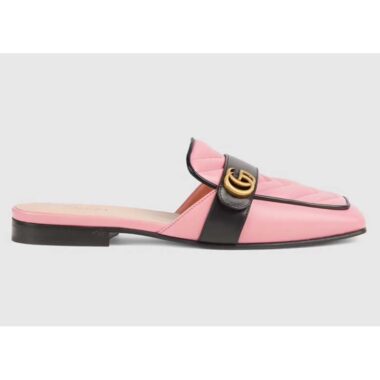 Gucci Women GG Slipper Double G Pink Leather Matelassé Chevron Insert