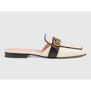 Gucci Women GG Slipper Double G White Leather Matelassé Chevron Insert