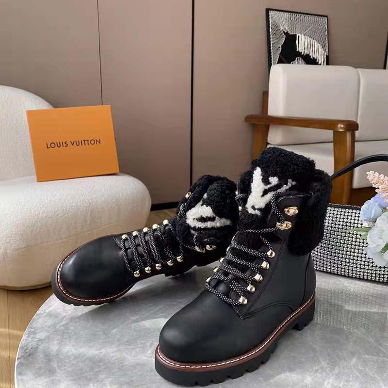 Louis Vuitton, Shoes, Authentic Louis Vuitton Black Monogram Suede  Shearling Fauvist High Boots 388