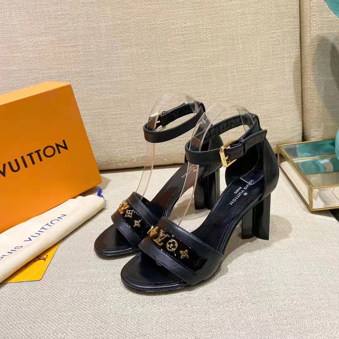 Louis Vuitton Black Satin and Hammered Gold Strappy Sandal Heels Size 5 -  Yoogi's Closet
