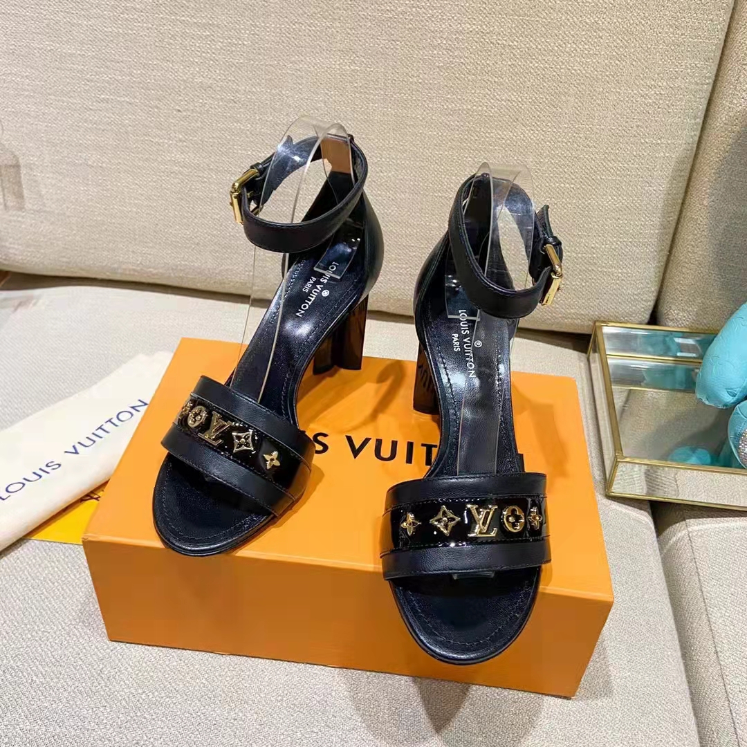 Louis Vuitton Black Satin and Hammered Gold Strappy Sandal Heels Size 5 -  Yoogi's Closet