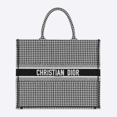 Dior Women Book Tote Black and White Houndstooth Embroidery