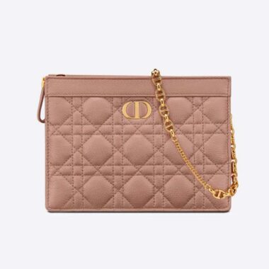 Dior Women Caro Zipped Pouch with Chain Cedar Pink Supple Cannage Calfskin