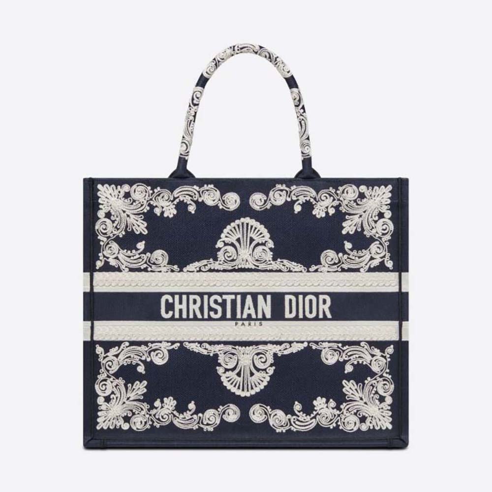 Christian Dior LARGE DIOR BOOK TOTE Ecru and Blue Dior Oblique Embroidery  $3,500