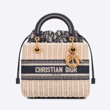 Dior Women Medium Lady Dior Bag Natural Wicker and Blue Dior Oblique Jacquard