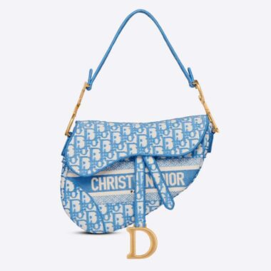 Dior Women Saddle Bag Cornflower Blue Dior Oblique Embroidery