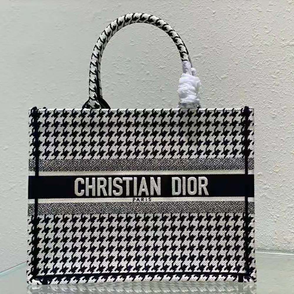 Christian Dior Book Tote Houndstooth Canvas Small Black, Print, White