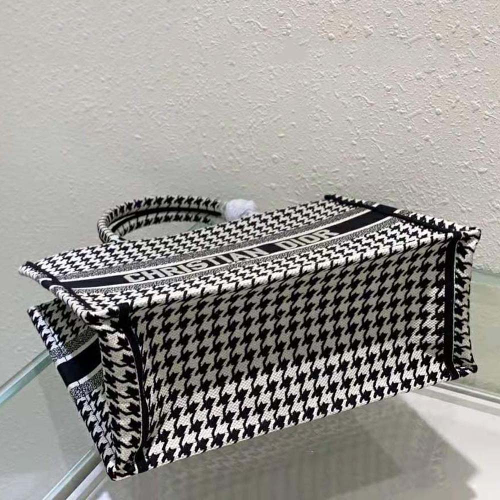 Small Dior Book Tote Black and White Houndstooth Embroidery (26.5