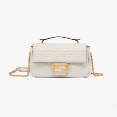 Fendi Women Baguette Chain Midi Light Gray Leather Bag-White