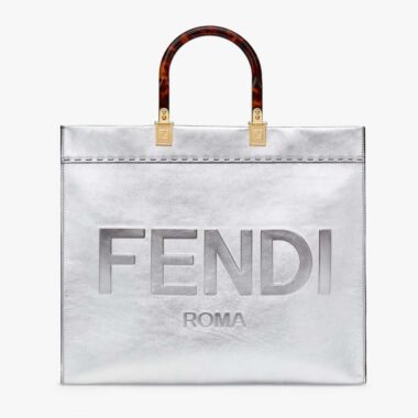 Fendi Women Fendi Sunshine Medium Silver Laminated Leather Shopper