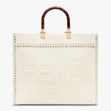 Fendi Women Sunshine Medium White Leather Shopper with Decorative Stitching