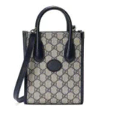 Gucci Unisex Mini Tote Bag Interlocking G Beige Blue GG Supreme Canvas