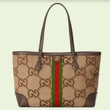 Gucci Unisex Ophidia Jumbo GG Medium Tote Camel Ebony Canvas Double G