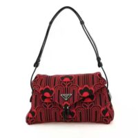 Prada Women Jacquard Knit and Leather Prada Signaux Bag-red (1)