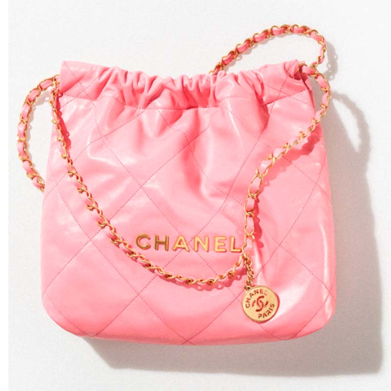 Hobo handbag, Shiny lambskin & gold-tone metal, coral pink — Fashion