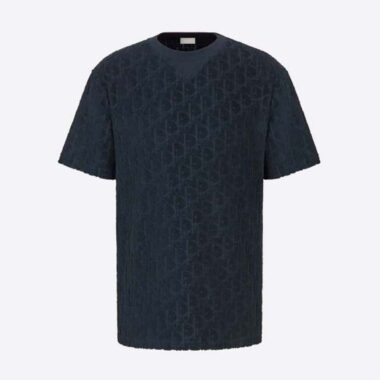 Dior Men Oblique T-shirt Relaxed Fit Navy Blue Terry Cotton Jacquard