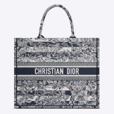 Dior Women CD Large Book Tote Navy Blue Toile De Jouy Stripes Embroidery